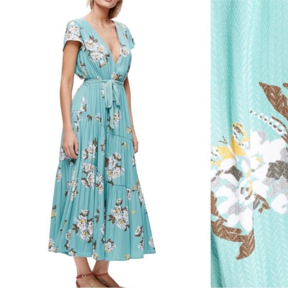 Free People All I got Tiered Teal Floral Maxi Dress size 2
